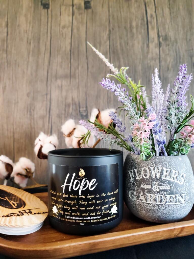 lavender and cotton flower Hope-Cotton Blossom and Lavender 18oz – Scented Flames